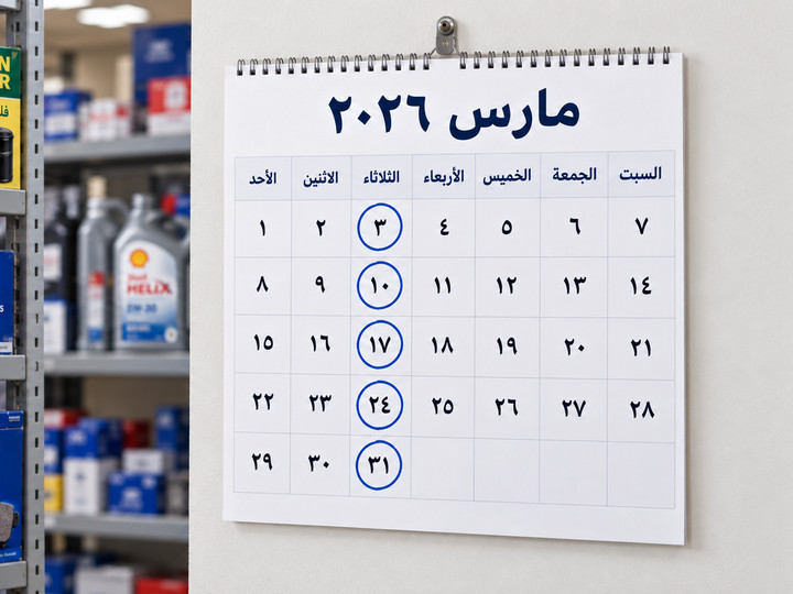 تقويم مارس 2026 معلق في متجر قطع غيار، وكل ثلاثاء فيه محاط بدائرة — موعد التسوية الأسبوعية
